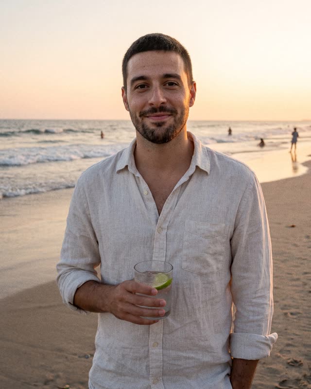 The same man on a beach at sunset with a drink, made with Ginvid Photos
