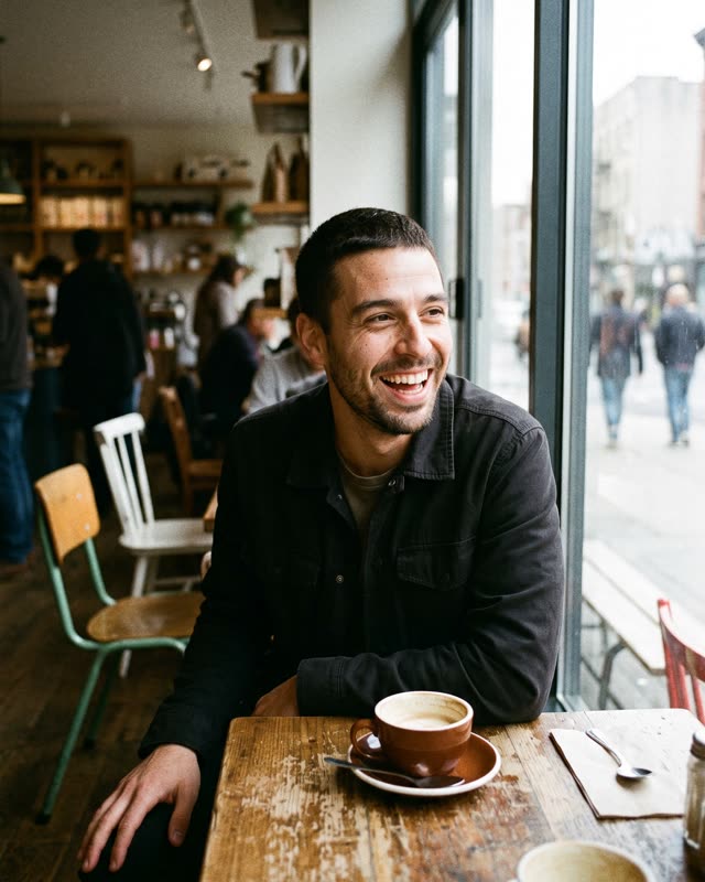 A man laughing at a café table by the window, made with Ginvid Photos from one portrait